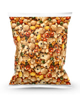 A bag of adenishiki, Japanese mixed dried crisps and nuts on a white background