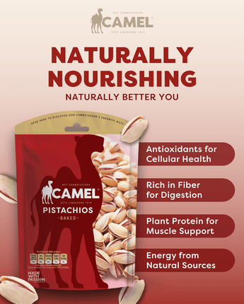 Camel baked pistachios packaging with health benefits information