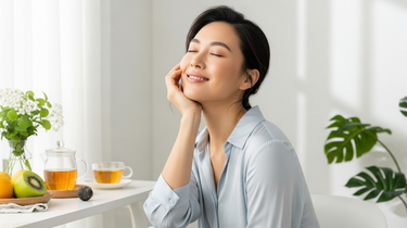 Camel Nuts Singapore beauty and nourishment – Relaxed woman smiling with fresh tea and fruits, representing wellness and lifestyle.