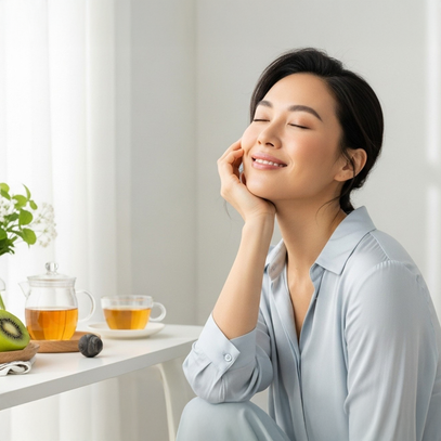 Singapore's Camel Nuts beauty and nourishment – Relaxed woman smiling with fresh tea and fruits, representing wellness and lifestyle.