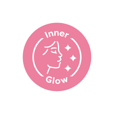 Logo with a face silhouette and 'Inner Glow' text on a pink circle