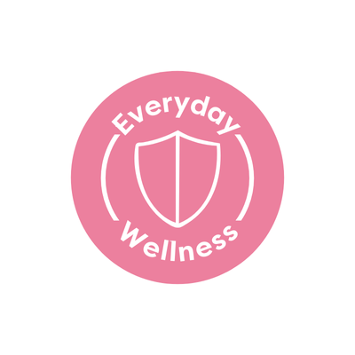 Pink circular logo with 'Everyday Wellness' text and a shield symbol on a white background