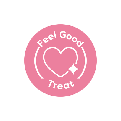Pink circular logo with 'Feel Good Treat' text and a heart symbol on a white background