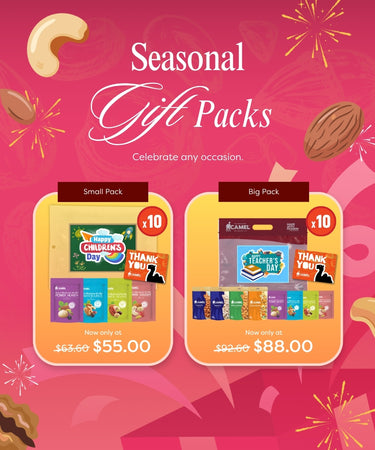 Celebrate the festive season with Camel Seasonal Gift Packs, thoughtfully curated with a delicious selection of premium nuts and wholesome snacks. Perfect for festive gifting, corporate gifts, party favours, staff appreciation, family gatherings and holiday celebrations, these ready-to-gift snack packs make it easy to share a little joy with everyone.
