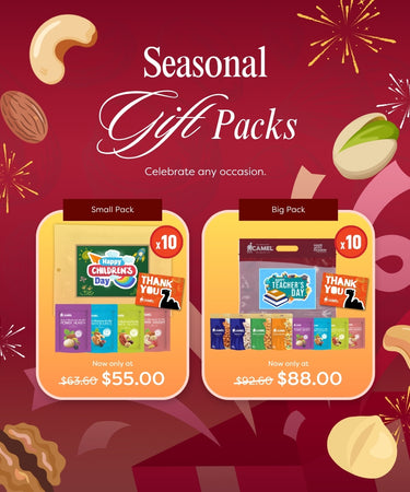 Celebrate the festive season with Camel Seasonal Gift Packs, thoughtfully curated with a delicious selection of premium nuts and wholesome snacks. Perfect for festive gifting, corporate gifts, party favours, staff appreciation, family gatherings and holiday celebrations, these ready-to-gift snack packs make it easy to share a little joy with everyone.