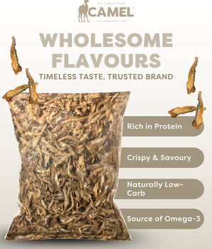 Bag of camel nuts chilli Anchovies crisp with product benefits on a light gray background