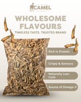 Bag of camel nuts chilli Anchovies crisp with product benefits on a light gray background