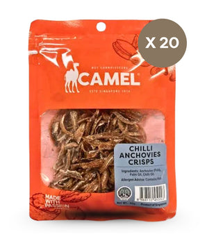 Pack of Camel Chilli Anchovies Crisps with a clear window showing the product inside, on a white background.