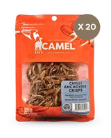 Pack of Camel Chilli Anchovies Crisps with a clear window showing the product inside, on a white background.