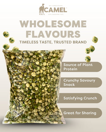 1kg packaging of Camel Nuts Coated Green Peas product benefits on a white background