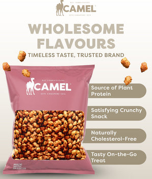 Camel Nuts Cracker Peanuts snack package with product benefits on a light background
