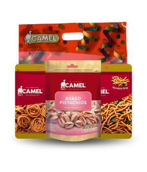 Camel brand packaging with two Muruku packets and one Baked Pistachio packet on a white background