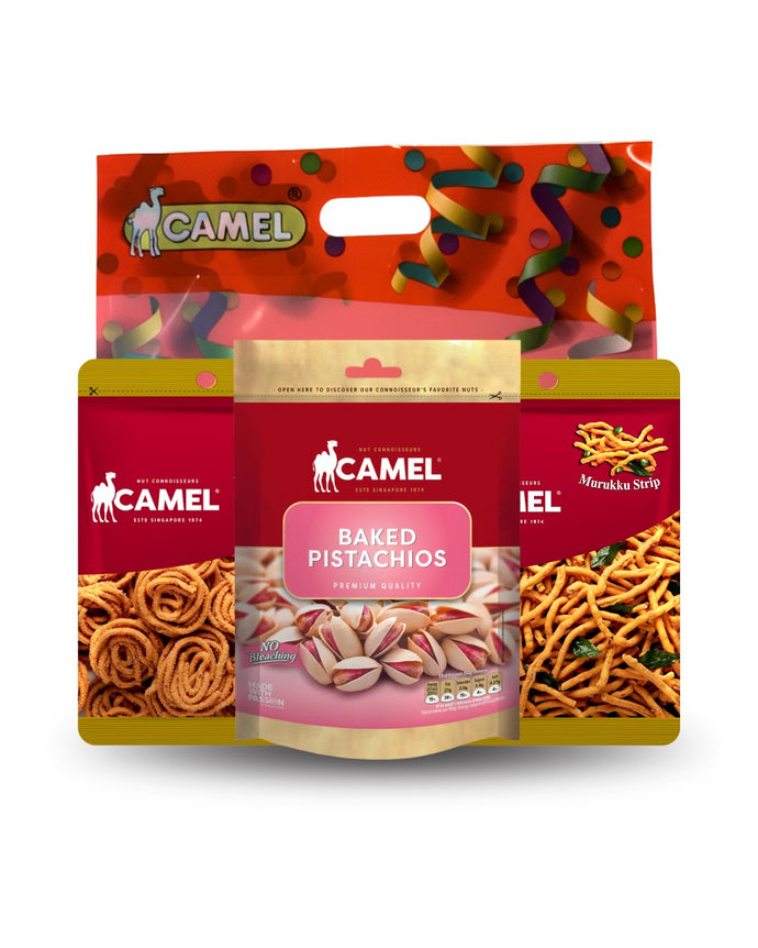 Camel brand packaging with two Muruku packets and one Baked Pistachio packet on a white background