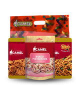 Camel brand packaging with two Muruku packets and one Baked Pistachio packet on a white background
