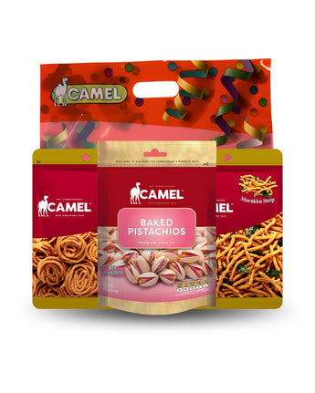 Camel brand packaging with two Muruku packets and one Baked Pistachio packet on a white background