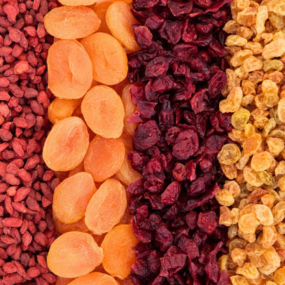 Close-up of various dried fruits such as apricots, cranberries, raisins arranged in a pattern. Camel Nuts Singapore