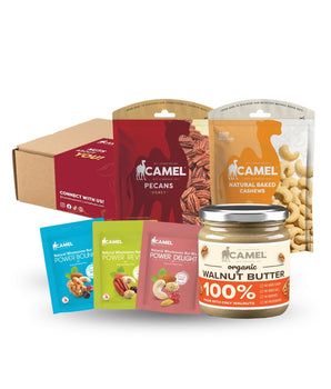 Camel brand products including pecans, cashews, pocketsize powerhouse, and walnut butter on a white background