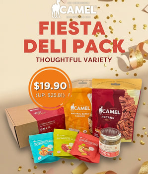 Camel Fiesta Deli Pack Promotion with various snack packages on a beige background