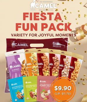 Camel Fiesta Fun Pack with various snack packages on a beige background