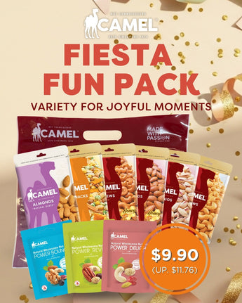 Camel Fiesta Fun Pack with various snack packages on a beige background