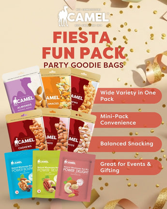 Camel Fiesta Fun Pack party goodie bags with various snack types on a beige background.