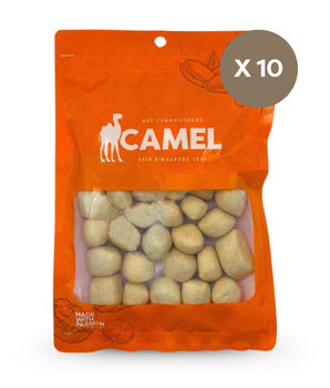 Orange packaging of Camel nuts Fishball Crackers with a clear window showing the product, on a white background.