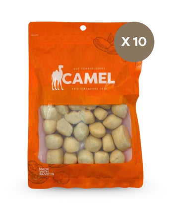 Orange packaging of Camel nuts Fishball Crackers with a clear window showing the product, on a white background.