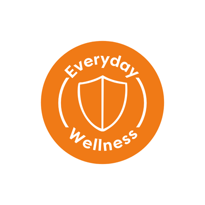 Orange circular logo with 'Everyday Wellness' text and a shield symbol on a white background