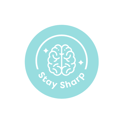 Circular logo with a brain illustration and 'Stay Sharp' text on a light blue background