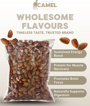 1kg pack of Honey almonds with Camel brand name and health benefits listed on a white background