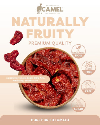Premium quality Honey dried tomato by Camel Nuts with healthy icons
