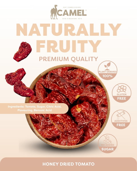 Premium quality Honey dried tomato by Camel Nuts with healthy icons