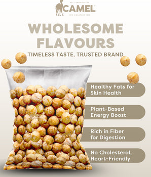 Bag of camel nuts' honey macadamias with health benefits text on a white background