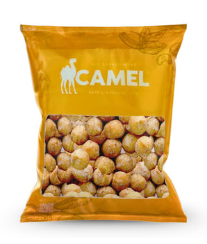 Bag of tasty 400g Camel Nuts Honey Macadamias on a white background