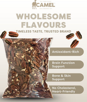 Bag of honey pecans from camel nuts with health benefits text on a white background