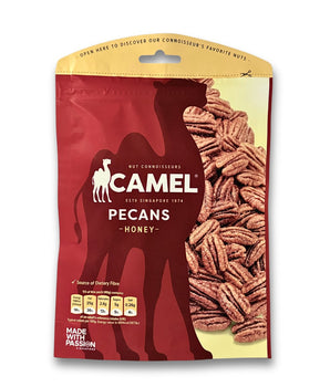 A bag of Honey Pecans from Camel Nuts in red colour packaging