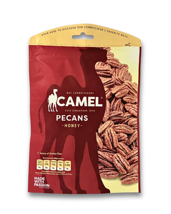 A bag of Honey Pecans from Camel Nuts in red colour packaging