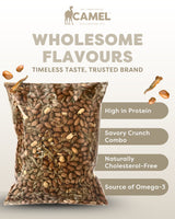 Packaging of Camel Nuts Ikan Bilis Peanuts in 1kg pack with health benefits text on a light gray background