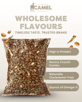 Packaging of Camel Nuts Ikan Bilis Peanuts in 1kg pack with health benefits text on a light gray background