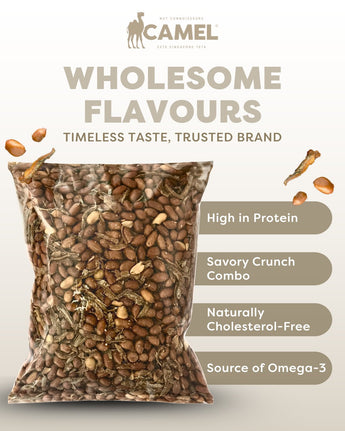 Packaging of Camel Nuts Ikan Bilis Peanuts in 1kg pack with health benefits text on a light gray background