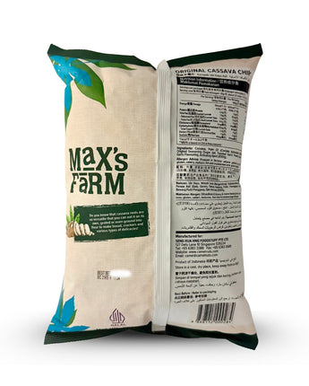 Max's Farm cassava chip packaging back view with nutritional information on a white background