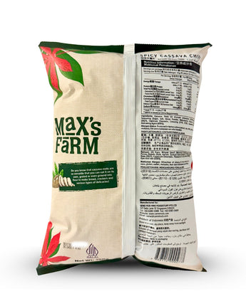 Max's Farm spicy cassava chip bag with visible branding and nutritional information.
