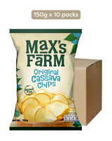 Packaging of Max's Farm Original Cassava Chips with a carton box on a white background