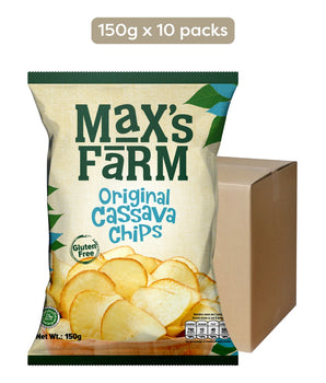 Packaging of Max's Farm Original Cassava Chips with a carton box on a white background