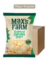 Max's Farm Seaweed Cassava Chips packaging with a carton box on a white background