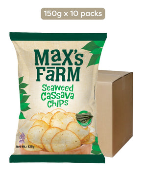 Max's Farm Seaweed Cassava Chips packaging with a carton box on a white background