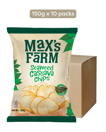 Max's Farm Seaweed Cassava Chips packaging with a carton box on a white background