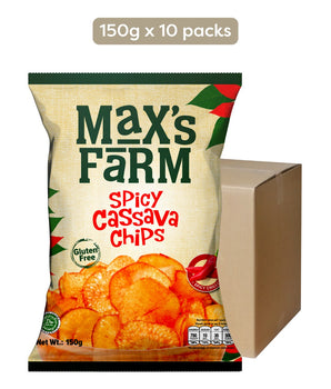 Packaging of Max's Farm Spicy Cassava Chips with a carton box on a white background