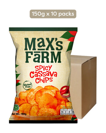 Packaging of Max's Farm Spicy Cassava Chips with a carton box on a white background