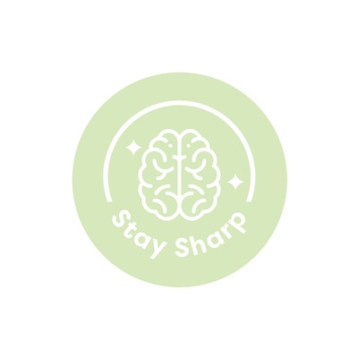 Circular logo with a brain illustration and 'Stay Sharp' text on a light green background